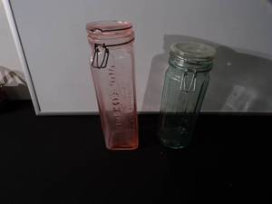 Vintage Depression Glass Spaghetti Jar and Vintage Green Glass Storage Jar