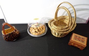 Vintage Murano Style Art Glass Purse Wood Trinket Box Woven Baskets and a Potpourri Fruit Cake