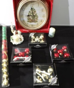 Holiday Assortment of Christmas Clock Glass Ornaments Candle and Other Decorations