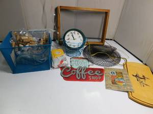 lot 41 image: Metal sign,World map tapestry, wine corks, bird clock and more