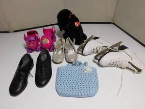 lot 77 image: Kids set of ice and roller skates, tap shoe, purse and shoes