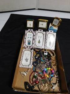 lot 105 image: 3 vintage travel alarm clocks and a flat of jewelery