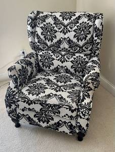 lot 1 image: Black and White Damask Wing Back Arm Chair
