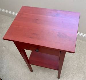 lot 5 image: Cherry Farmhouse Side Table with Drawer and Display Shelf