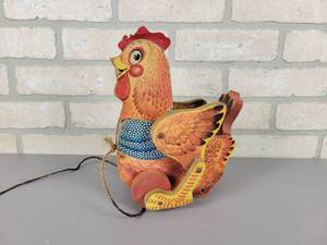 lot 466 image: ca. 1940s Fisher Price Katy Kackler The Red Hen Wood Pull Toy - WORKS, she even Cackles