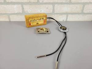 lot 436 image: Vintage BOLO Tie, Belt Buckle and Hand Carved Trinket Box