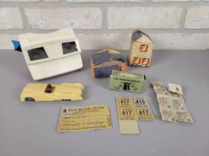 lot 435 image: Vintage The Wonder Mouse Gag in Original Box, Ration Stamps, Toy Car and More