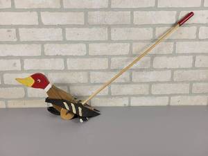 lot 406 image: Vintage Wood Duck Walking Push Toy - Homemade Folk-art