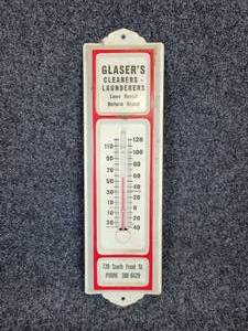 lot 366 image: Vintage GLASERS Cleaners - Launderers Metal Thermometer - Mankato, MN