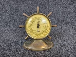 lot 381 image: Vintage Brass Ships Wheel Desk Thermometer