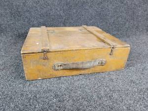 lot 403 image: Antique Wood Box w Leather Handle Strap