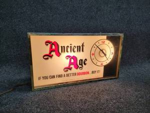 lot 256 image: 1950s Ancient Age Bourbon Whiskey Lighted Bar Sign  Clock - Light Works