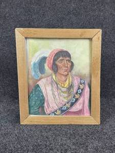 lot 440 image: Vintage James L Vlasaty Indian Chief Framed Print