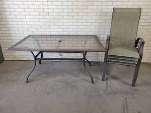 lot 1017 image: Glass Top Patio Set w 4 Chairs - NO SHIPPING