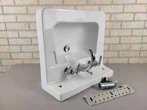 lot 1054 image: CRANE Wall-Mount Porcelain Sink with Mounting Bracket and Faucet - NO SHIPPING