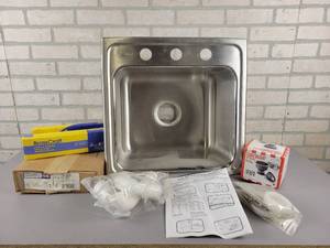 lot 1055 image: NEW Elkay Stainless Steel Deep Bar Sink, Chicago Faucet (1100-HA8CP), Brass Craft Supply Lines and Strainer