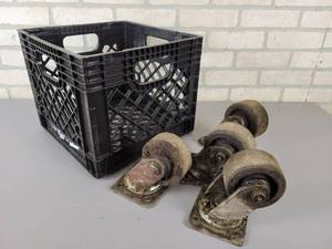 lot 1178 image: (4) Heavy Duty Swivel Caster Wheels and Plastic Crate - 4 x 2