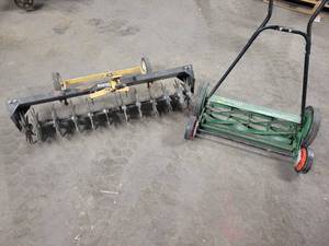 lot 1246 image: Yardworks Pull-Behind Cultivator (Approx. 42 Wide) and Scotts Classic Reel Mower - NO SHIPPING