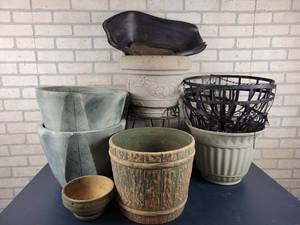 lot 1284 image: (12) Assorted Garden Pots - Ceramic, Plastic and Metal - Largest are 16 Diameter - NO SHIPPING