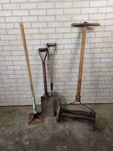 lot 1285 image: Tamper, Shovels and Vintage Gambles Special Rotary lawn Mower - Works - NO SHIPPING