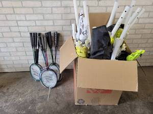 lot 1300 image: HUGE Badminton Lot - (19) Rackets and Many Net Assemblies - NO SHIPPING
