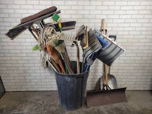 lot 1375 image: Huge Lot of Brooms, Shovels, Mops and a rake - NO SHIPPING