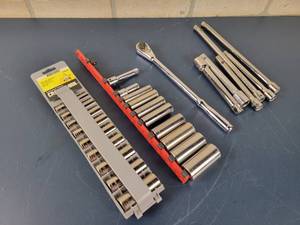 lot 1392 image: CRAFTSMAN Metric & Standard Deepwell Sockets- 38 Drive - From 716 to 78 & 10mm to 19mm, CRAFTSMAN Long 38 Drive Ratchet, (4) 38 Drive Extensions and (2) 12 Drive extensions