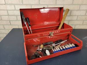 lot 1413 image: Tools Set in Steel Toolbox - Sockets, Wrench, Hammer, Tape Measure, Screwdrivers and Pliers - Good Set for new homeowner