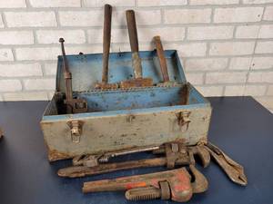 lot 1428 image: Steel Toolbox w Assorted Pipe Wrenches and Hammers
