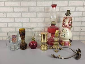 lot 676 image: Assorted Oil Lamps, Pitchers and More - NO SHIPPING