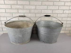lot 537 image: (2) Large Antique Galvanized Buckets - Approx. 16 Diameter x 10 Tall - NO SHIPPING