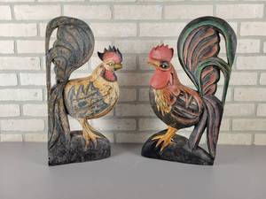 lot 541 image: (2) Carved Wood Roosters - Approx. 20 Tall Each