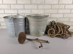 lot 561 image: (2) Vintage Galvanized Buckets, Cast Iron Buggy Step and Vintage Rope - NO SHIPPING