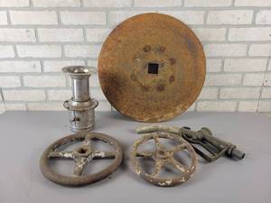 lot 583 image: 18 Steel Disc, Cast Iron Valve Handles, Gas Pump Handle and Horn - NO SHIPING