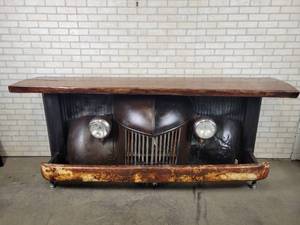 lot 501 image: Custom Made 1940s FORD Bar, Live Edge Wood Slab Bar Top - Working Headlights - NO SHIPPING