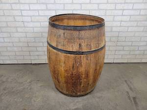 lot 620 image: Vintage Dry Milk Wood Barrel - Rochester, MN - Approx. 20 Diameter on Top and 29 Tall - NO SHIPPING