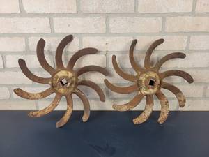lot 764 image: (2) Antique Cast Iron Cultivator Wheels for Dcor - Approx. 13 Diameter Each - NO SHIPPING