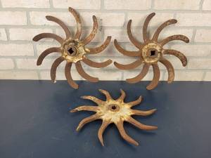 lot 776 image: (3) Vintage Cast Iron Cultivator Wheels - (2) are 13 Diameter and (1) is 12 Diameter - NO SHIPPING