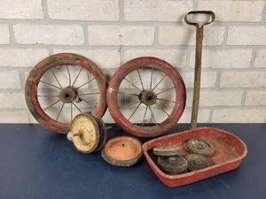 lot 979 image: Vintage Mini Steel wagon, and Assorted wheels - Up to 9 Diameter