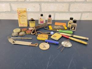 lot 983 image: Vintage Medicine BottlesTins, Bottle Caps, wood Nickel, Advertising Pens, City Club Bottle Opener and More