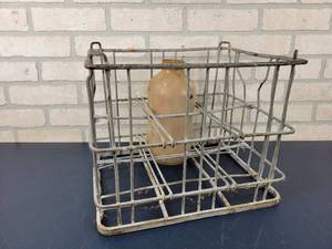 lot 985 image: Vintage Steel Milk Bottle Crate with 12 Gallon Glass Milk Bottle - NO SHIPPING