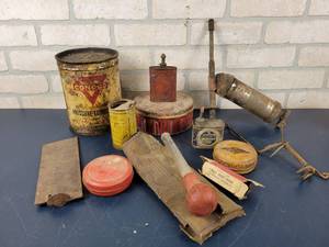lot 1457 image: Assorted Oil cans, Grease Gun and More - NO SHIPPING