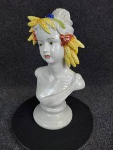 lot 636 image: Vintage Italian Majolica() Porcelain Bust of Woman with Wheat and Tassel Crown - 7 x 8 x 15
