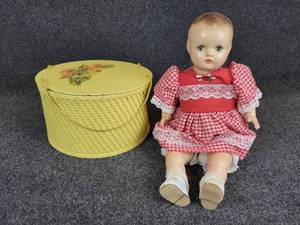 lot 640 image: Vintage Sewing Basket - 6-12 tall x 11 diameter and Antique Doll - 18 tall