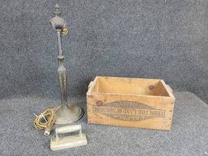 lot 653 image: Lot of Antiques - Candlestick Lamp (untested), Peach Box with NRA Stamp on End, and Aluminum Concrete Edger