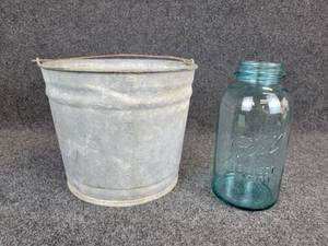 lot 659 image: Galvanized Bucket and 2 Quart Ball Mason Jar