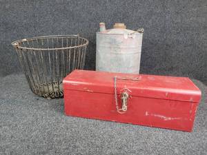lot 660 image: Vintage Tool Box, Golf Ball Basket, and Gas Can