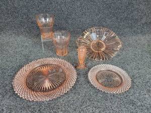 lot 662 image: Lot of (6) Pink Depression Glass Pieces - (2) Juice Glasses, (1) Fluted Candy Dish, (2) Plates, and (1) SaltPepper Shaker