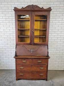 lot 510 image: Antique Wood Secretary with Glass Doors - Overall 40 x 19 x 84