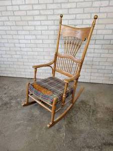 lot 712 image: Solid Wood Rocking Chair with Cushion - Needs Recovering - NO SHIPPING